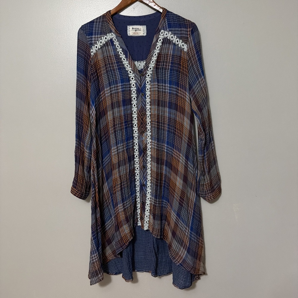 Anthropologie Holding Horses Abita Shirt Dress Medium Blue Plaid Hi Lo Lace